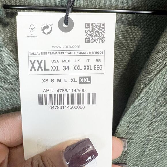 Zara NWT Sage Green Lovina Linen Short Sleeve Button‎ Front Midi Dress Size XXL - Picture 9 of 16